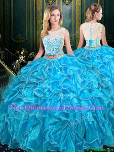 Inexpensive Baby Blue Sweet 16 Dress Military Ball and Sweet 16 and Quinceanera and For withLace and Ruffles Scoop Sleeveless Zipper