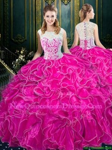 Artistic Floor Length Fuchsia Vestidos de Quinceanera Scoop Sleeveless Zipper