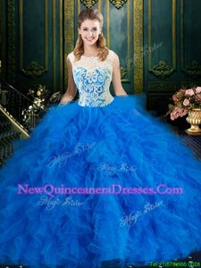 Elegant Scoop Blue Sleeveless Tulle Zipper Quinceanera Gowns for Military Ball and Sweet 16 and Quinceanera