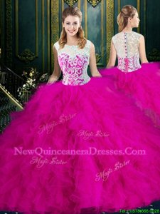 Luxurious Ball Gowns Vestidos de Quinceanera Fuchsia Scoop Tulle Sleeveless Floor Length Zipper