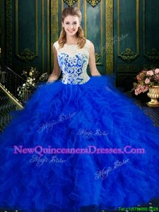 Amazing Scoop Sleeveless Tulle Floor Length Zipper 15th Birthday Dress inRoyal Blue withLace and Ruffles