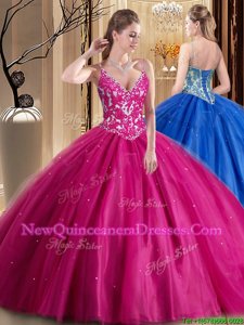 Sexy Floor Length Hot Pink Sweet 16 Quinceanera Dress Spaghetti Straps Sleeveless Lace Up