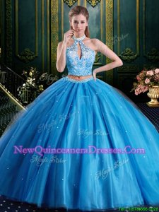 Luxurious Halter Top Floor Length Lace Up Quinceanera Gowns Baby Blue and In for Military Ball and Sweet 16 and Quinceanera withBeading and Lace and Appliques