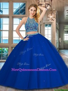 Superior Royal Blue Two Pieces Scoop Sleeveless Tulle Floor Length Backless Beading Quinceanera Gowns