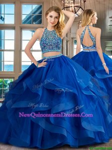 Adorable Scoop Royal Blue Sleeveless Tulle Backless Quinceanera Gown for Military Ball and Sweet 16 and Quinceanera