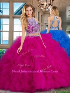 Artistic Floor Length Fuchsia Vestidos de Quinceanera Scoop Sleeveless Backless