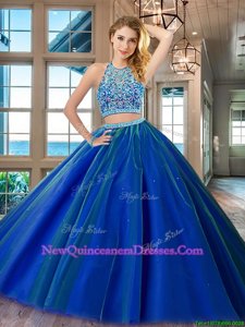 Customized Royal Blue Quinceanera Gowns Military Ball and Sweet 16 and Quinceanera and For withBeading Scoop Sleeveless Backless