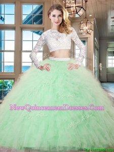 Sexy Scoop Long Sleeves Zipper Floor Length Beading and Lace and Ruffles Quinceanera Dresses