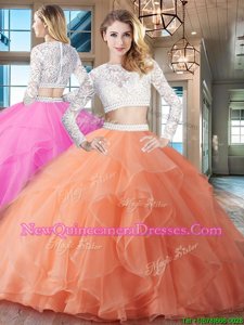 Scoop Orange Red Zipper Ball Gown Prom Dress Beading and Lace and Ruffles Long Sleeves Brush Train