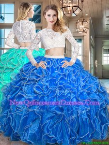 Spectacular Royal Blue Quinceanera Gown Military Ball and Sweet 16 and Quinceanera and For withBeading and Lace and Ruffles Scoop Long Sleeves Zipper