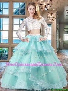 Flare Scoop Long Sleeves Zipper Floor Length Beading and Lace and Ruffled Layers Quince Ball Gowns