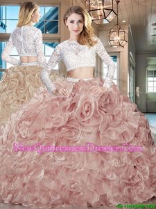 Dazzling Scoop Spring and Summer and Fall and Winter Organza Long Sleeves 15th Birthday Dress Brush Train andBeading and Lace and Ruffles