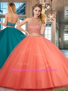 Sexy Floor Length Orange Red Sweet 16 Quinceanera Dress Halter Top Sleeveless Backless