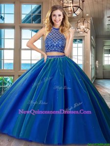 Hot Sale HalterHalter Top Royal Blue Two Pieces Halter Top Sleeveless Tulle Brush Train Backless Beading Ball Gown Prom Dress