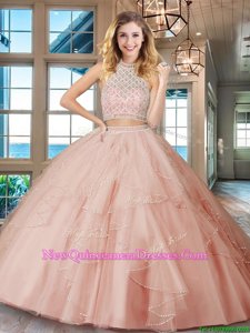 Low Price Halter Top Floor Length Backless Quinceanera Gowns Pink and In for Military Ball and Sweet 16 and Quinceanera withBeading and Ruffles