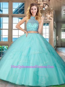 Luxurious Halter Top Floor Length Backless Quinceanera Gowns Aqua Blue and In for Military Ball and Sweet 16 and Quinceanera withBeading and Ruffles