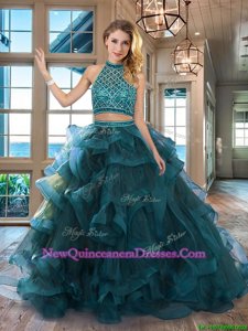 Lovely Halter Top Backless Spring and Summer and Fall and Winter Tulle Sleeveless Quinceanera Dress Brush Train andBeading and Ruffles