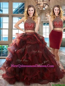 High Quality Halter Top Burgundy Backless Quinceanera Gowns Beading and Ruffles Sleeveless Brush Train