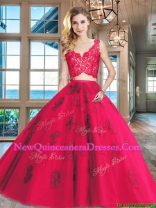 Cute V-neck Sleeveless Tulle Quinceanera Dress Lace and Appliques Zipper