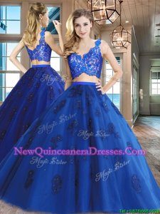 Floor Length Royal Blue Quince Ball Gowns V-neck Sleeveless Zipper