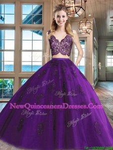 Elegant Sleeveless Floor Length Lace and Appliques Zipper 15 Quinceanera Dress with Purple