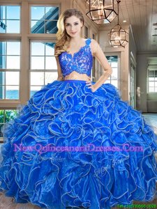 Fitting Blue Two Pieces Lace and Ruffles Quinceanera Dresses Zipper Organza Sleeveless Asymmetrical