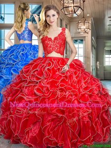 High End Red Zipper V-neck Lace and Ruffles Sweet 16 Quinceanera Dress Organza Sleeveless