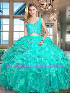 Affordable Sleeveless Organza Floor Length Zipper Quinceanera Gowns inTurquoise withLace and Ruffles