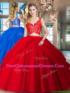 Sophisticated V-neck Sleeveless 15 Quinceanera Dress Floor Length Lace and Ruffled Layers Red Tulle