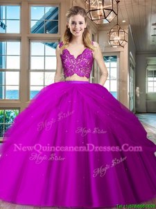 Ideal Floor Length Zipper Quinceanera Gown Fuchsia and In for Military Ball and Sweet 16 and Quinceanera withLace and Ruffled Layers