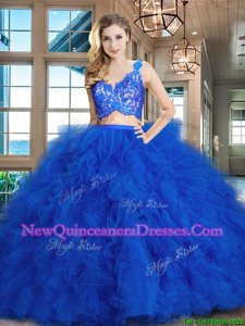 Glittering Royal Blue Tulle Zipper V-neck Sleeveless Quinceanera Dresses Brush Train Lace and Ruffles