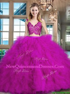 Admirable Fuchsia Quinceanera Dress Military Ball and Sweet 16 and Quinceanera and For withLace and Ruffles V-neck Sleeveless Brush Train Zipper