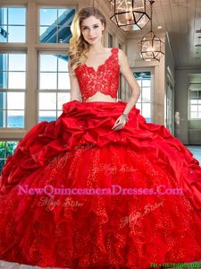 Artistic Red Zipper V-neck Lace and Ruffles and Pick Ups Vestidos de Quinceanera Taffeta and Tulle Sleeveless Brush Train