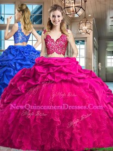 Dazzling Fuchsia V-neck Neckline Lace and Ruffles and Pick Ups Quinceanera Gowns Sleeveless Zipper