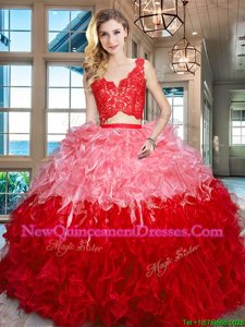 New Arrival Sleeveless Organza Floor Length Zipper Ball Gown Prom Dress inMulti-color withLace and Ruffles