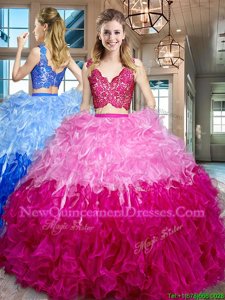 Fancy Multi-color Two Pieces Organza V-neck Sleeveless Lace and Ruffles Floor Length Zipper Vestidos de Quinceanera