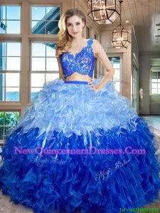 Stylish Sleeveless Zipper Floor Length Lace and Ruffles 15th Birthday Dress