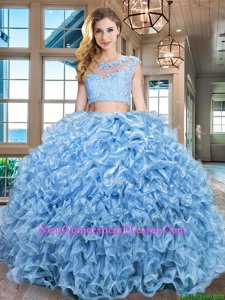 Floor Length Baby Blue Quinceanera Dresses Scoop Cap Sleeves Zipper