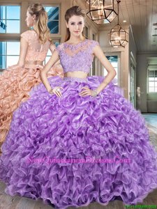 Romantic Scoop Spring and Summer and Fall and Winter Organza Cap Sleeves Floor Length Quince Ball Gowns andBeading and Appliques and Ruffles