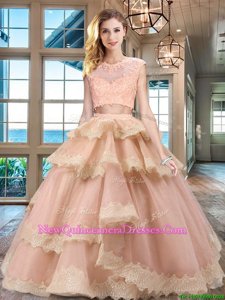 High Class Peach Sweet 16 Quinceanera Dress Military Ball and Sweet 16 and Quinceanera and For withBeading and Lace and Appliques and Ruffled Layers Scoop Cap Sleeves Zipper