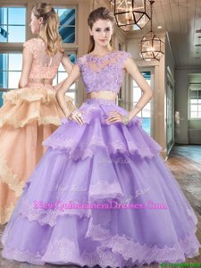 Fantastic Ruffled Floor Length Lavender Quinceanera Gown Scoop Cap Sleeves Zipper