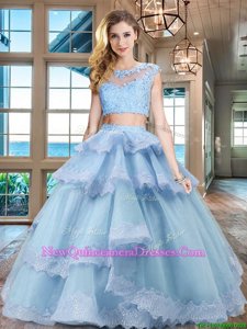 Fine Scoop Ruffled Light Blue Cap Sleeves Tulle Zipper Vestidos de Quinceanera for Military Ball and Sweet 16 and Quinceanera