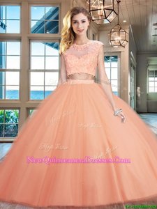 Customized Scoop Peach Two Pieces Beading and Appliques Ball Gown Prom Dress Zipper Tulle Cap Sleeves Floor Length