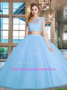 Chic Light Blue Two Pieces Tulle Scoop Cap Sleeves Beading and Appliques Floor Length Zipper Sweet 16 Dresses