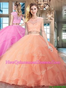 Perfect Scoop Cap Sleeves Sweet 16 Dresses With Brush Train Beading and Appliques and Ruffles Peach Organza