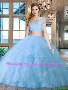 Scoop Cap Sleeves With Train Zipper Quinceanera Dresses Light Blue and In for Military Ball and Sweet 16 and Quinceanera withBeading and Appliques and Ruffles Brush Train