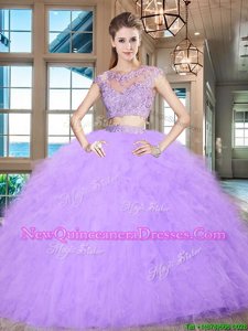 Lavender Tulle Zipper Scoop Cap Sleeves Floor Length Sweet 16 Quinceanera Dress Beading and Appliques and Ruffles