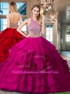 Decent Halter Top Backless Fuchsia Sleeveless Brush Train Beading and Ruffles With Train Sweet 16 Dresses