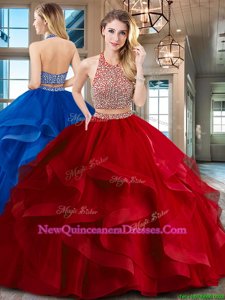 Best Red Two Pieces Tulle Halter Top Sleeveless Beading and Ruffles With Train Backless Quinceanera Dress Brush Train