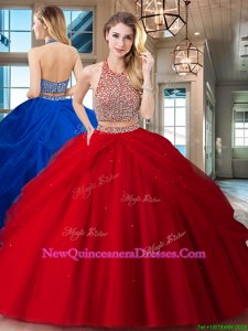 Backless Halter Top Sleeveless Quinceanera Dresses Floor Length Beading and Pick Ups Red Tulle